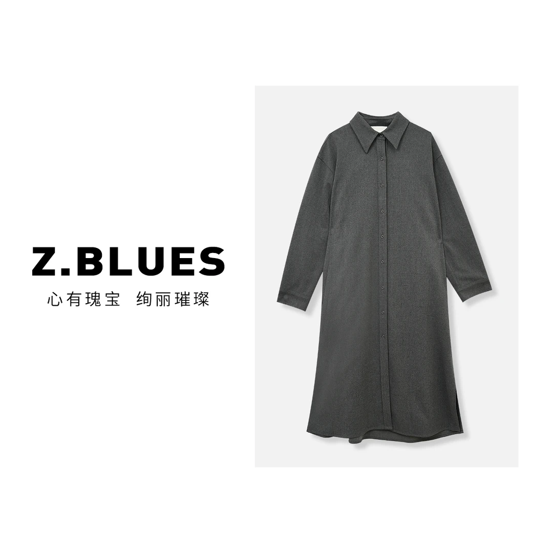 Z.blues【森屿旅人】简约百搭超长开叉长袖衬衫连衣裙YZQSH5596