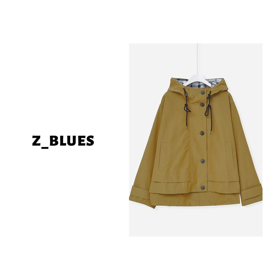 Z.blues【时尚】纯色百搭休闲气质抽绳连帽风衣外套女YZDPYRNC2218
