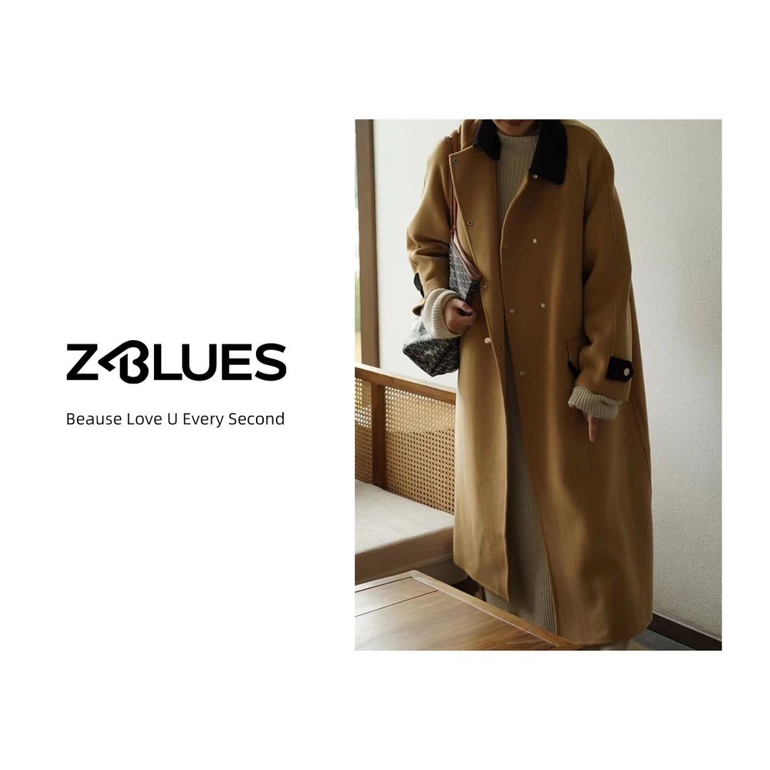 Z.blues【原野追星光】拼接撞色黑领驼色长款双面呢大衣YZGZW539