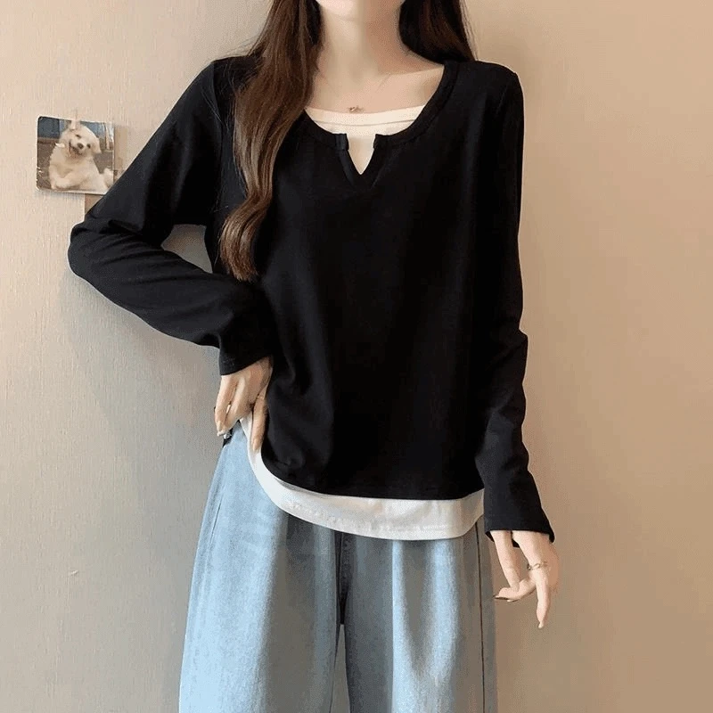 【红人上新】2025早秋新款大码假两件长袖T恤女微胖显瘦内搭打底衫