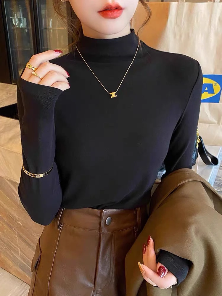 2024年新款黑色半高领长袖秋冬中领打底衫上衣