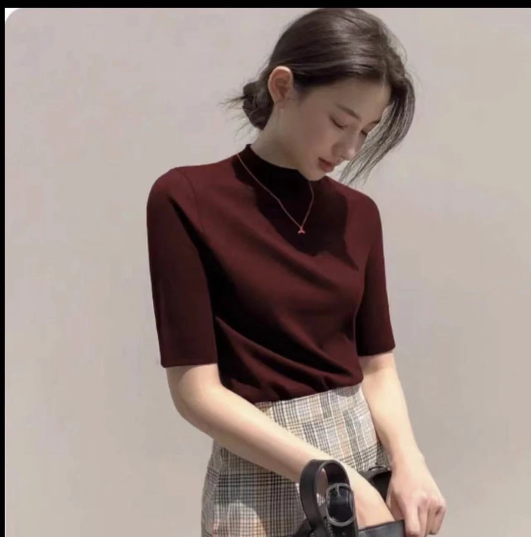 半高领中袖打底衫女2024新款内搭黑色t恤薄款五分袖上衣夏8709