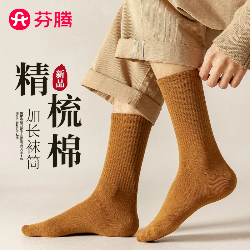 芬腾袜子男士秋冬季纯棉中筒袜春秋吸汗防臭长筒棉袜男袜全棉长袜