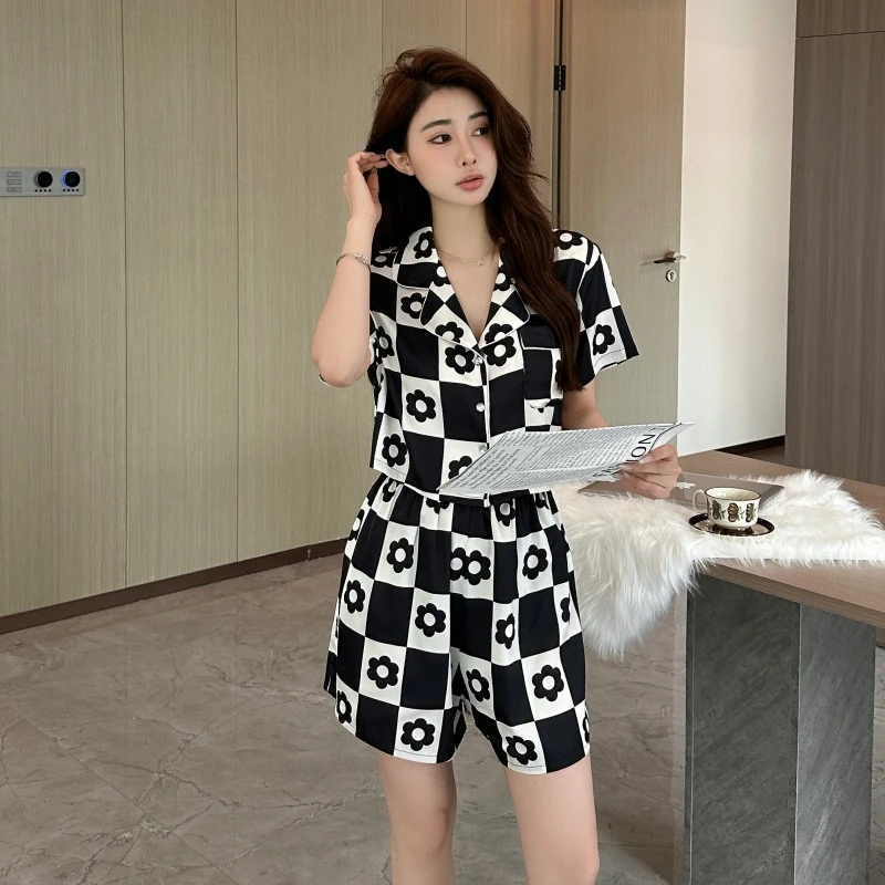 夏季短袖短裤睡衣女小香风高级感印花休闲薄款露腰洋气睡衣套装