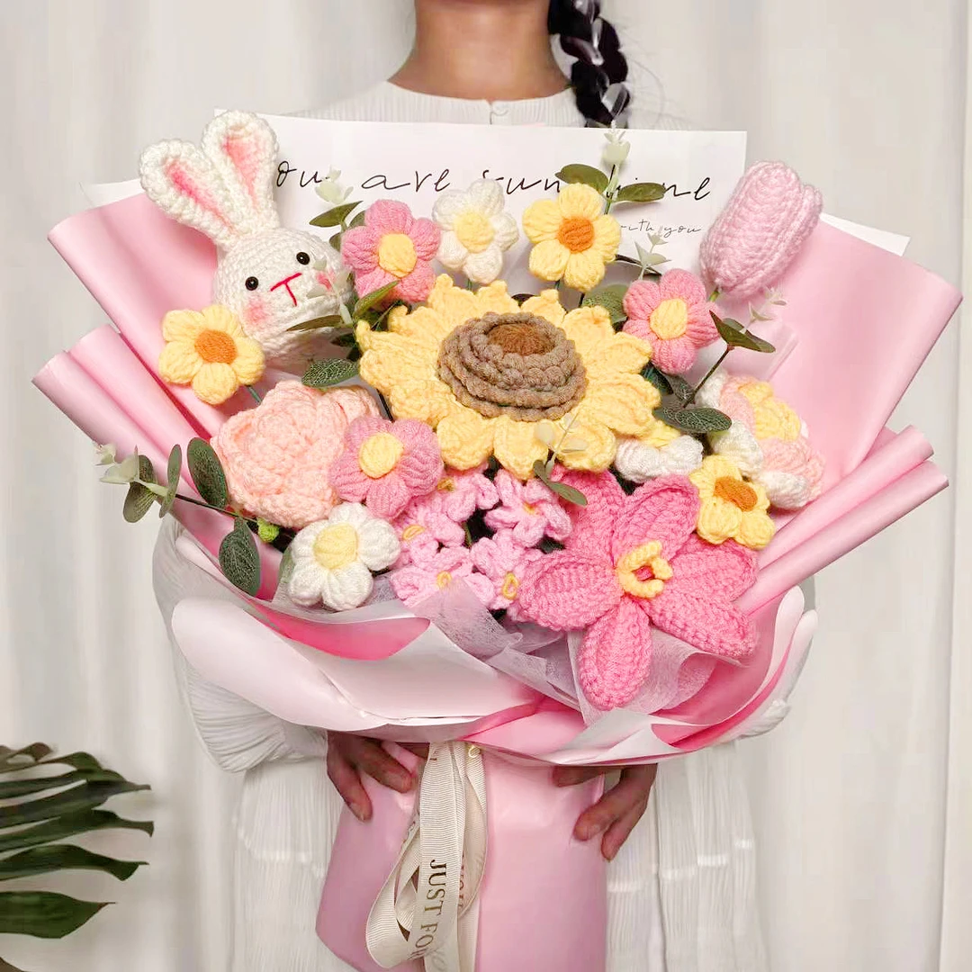 送闺蜜纯手工毛线向日葵兔子大花束生日成人礼物女朋友
