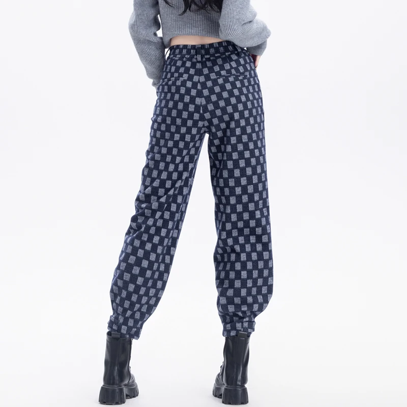 毛呢裤女春秋季格子裤子女爆款束脚灯笼裤2025新款九分小个子休闲