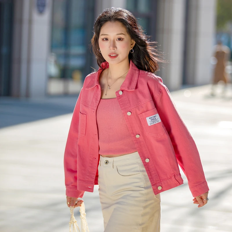 玫红色牛仔外套女2025新款春秋季高级感适合小个子牛仔衣夹克开衫