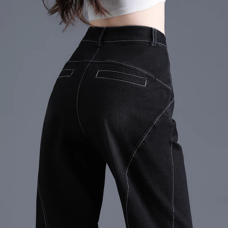 黑色牛仔裤女2025秋冬新款加绒裤子女小个子加厚哈伦裤女裤束脚裤