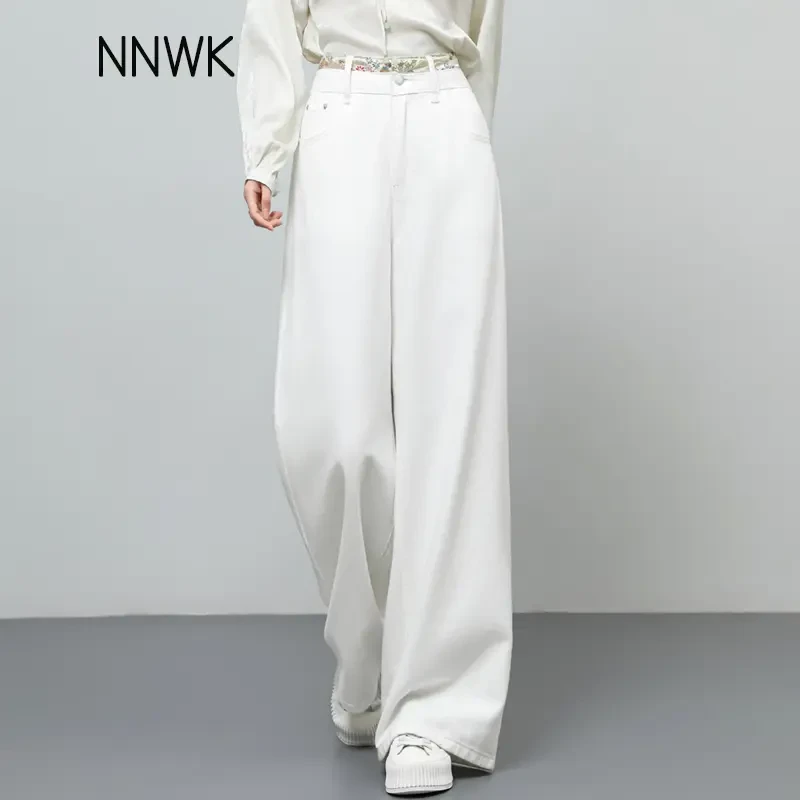 新中式高腰阔腿裤女春秋新款垂坠感牛仔裤女白色拖地裤显瘦直筒裤