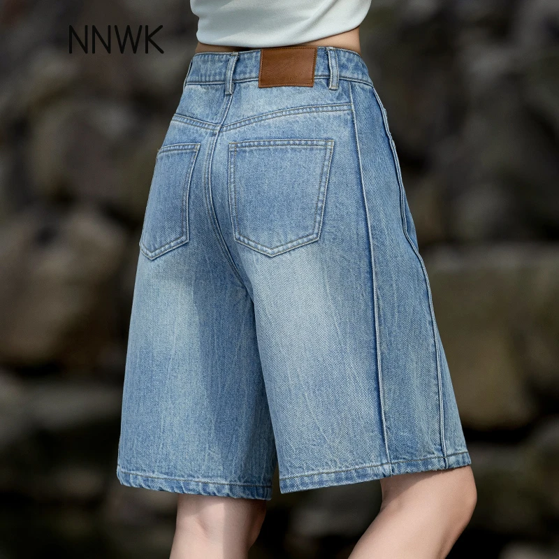 拼接牛仔短裤女夏季薄款2025新款高腰直筒宽松阔腿裤子五分裤中裤