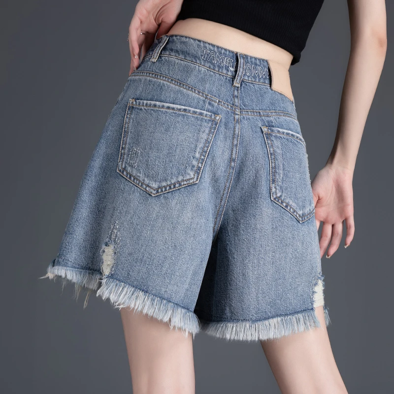 高腰蓝色牛仔短裤女夏季薄款2025新款毛边a字显瘦热裤阔腿五分裤