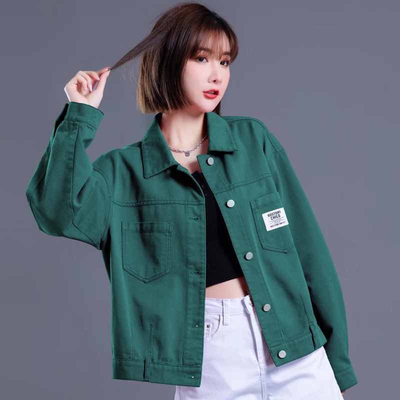 绿色短款牛仔衣外套女2025年新款春秋宽松韩版小众设计感上衣夹克