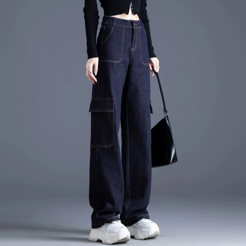 不掉色原色牛仔裤女2025新款春秋季窄版阔腿裤直筒工装裤子女长裤