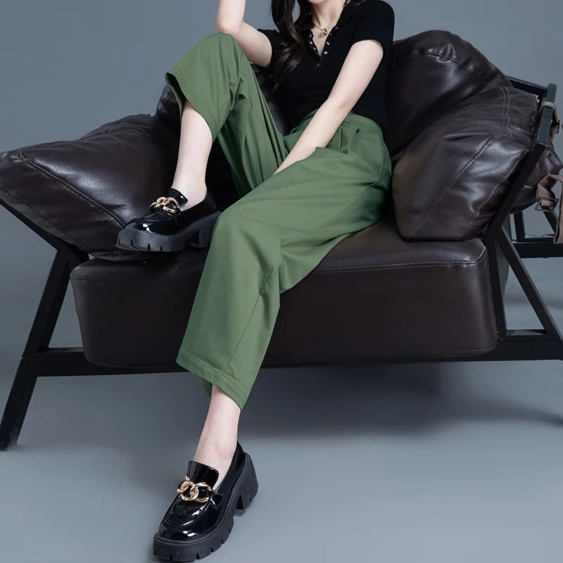 天丝绿色裤子女2025新款夏季薄款女裤小个子休闲裤直筒九分西装裤