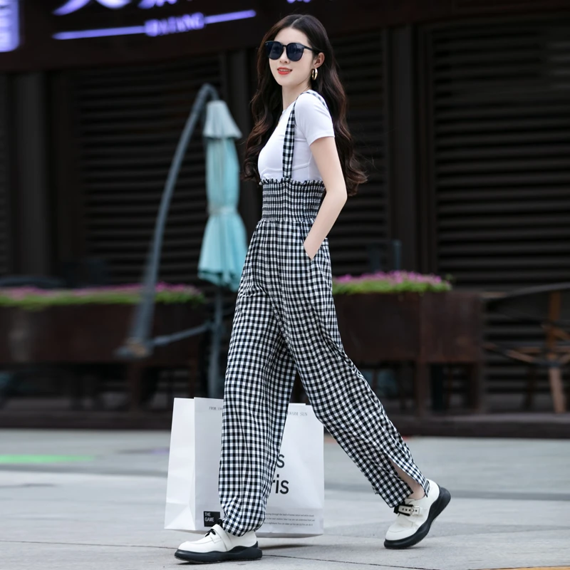 棋盘格背带裤女连体裤高级感黑白格子休闲阔腿裤2025夏季新款宽松