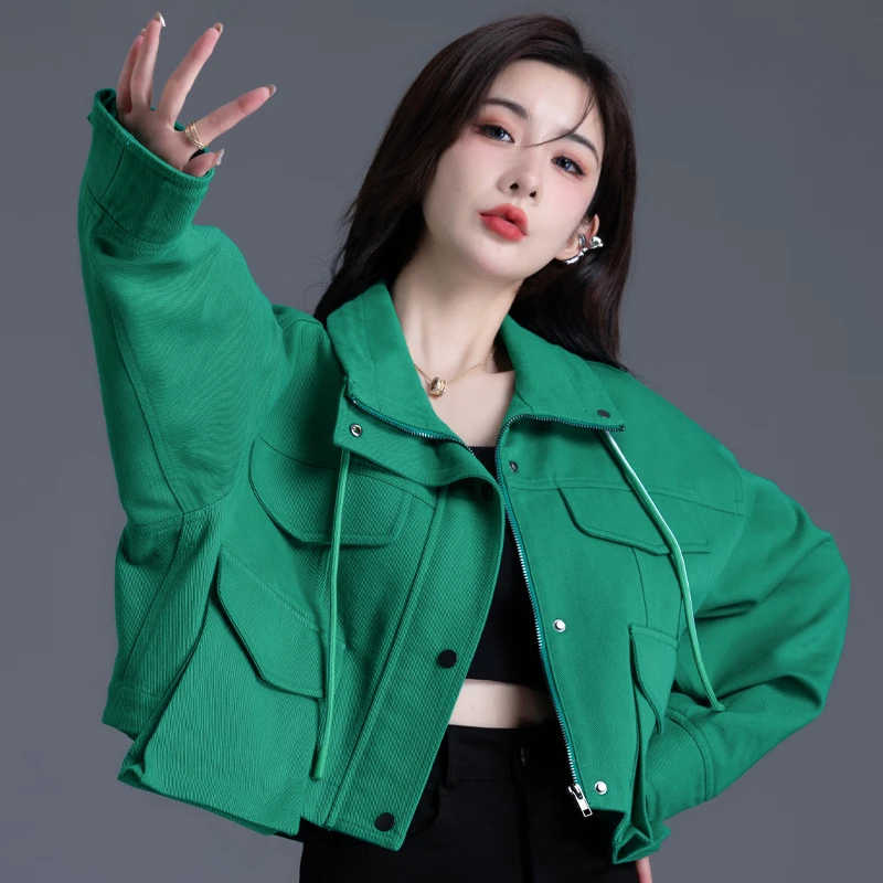 绿色牛仔外套女春秋季2024新款设计感小个子工装小众短款上衣夹克