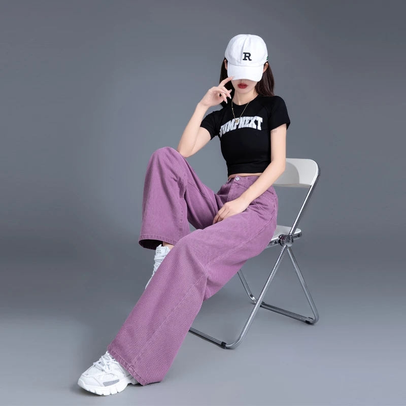 紫色牛仔裤女2025年新款夏季裤子女小众设计感阔腿直筒裤拖地长裤