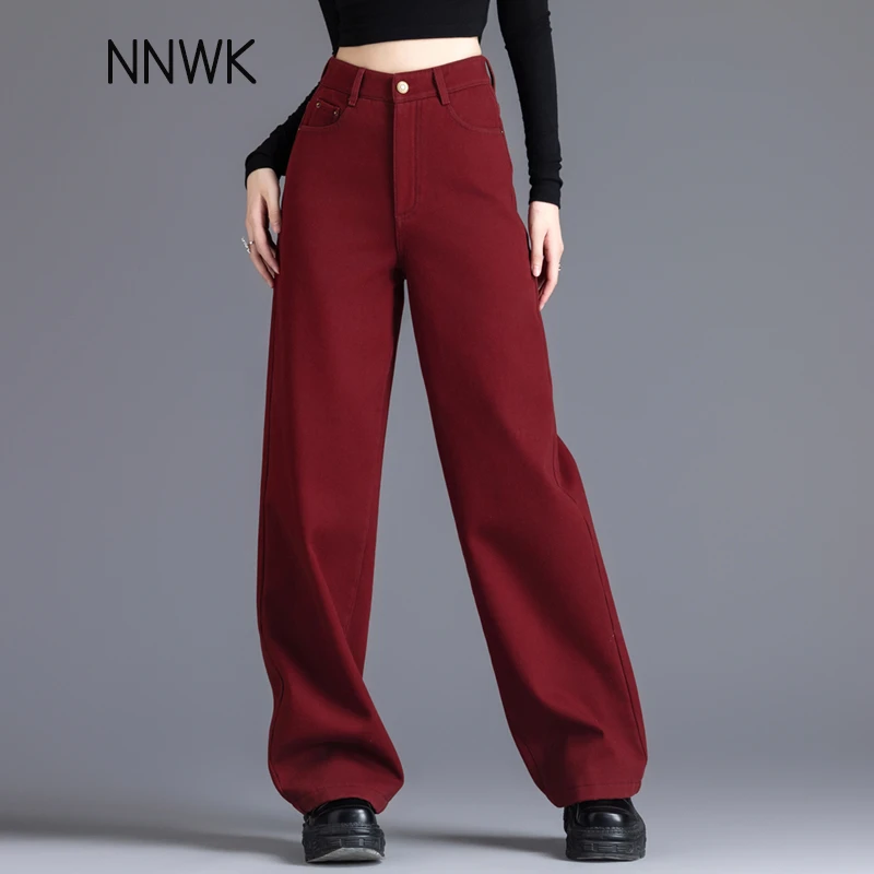 红色加绒牛仔裤女2025秋冬新款加厚阔腿裤宽松高腰裤子女直筒长裤