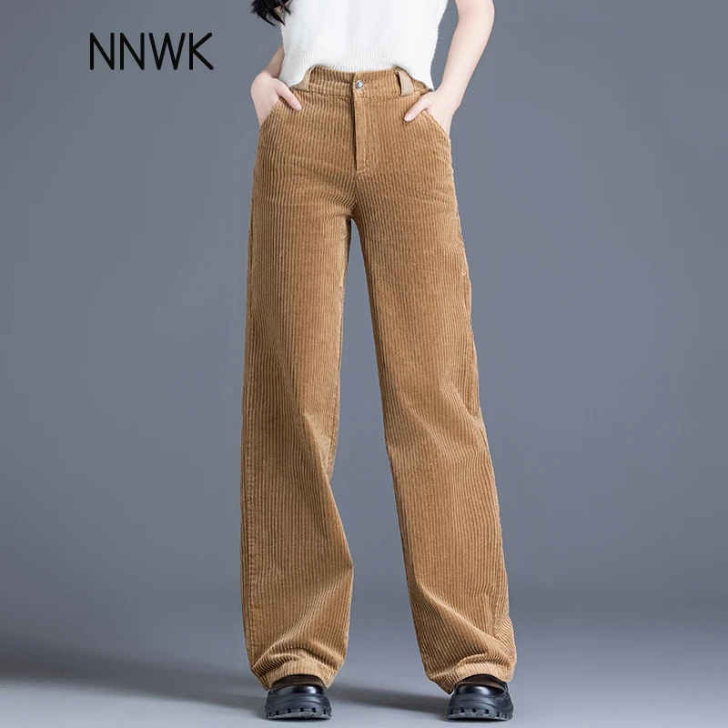 秋冬卡其色加绒休闲灯芯绒直筒裤子女2025新款阔腿裤高腰条绒长裤