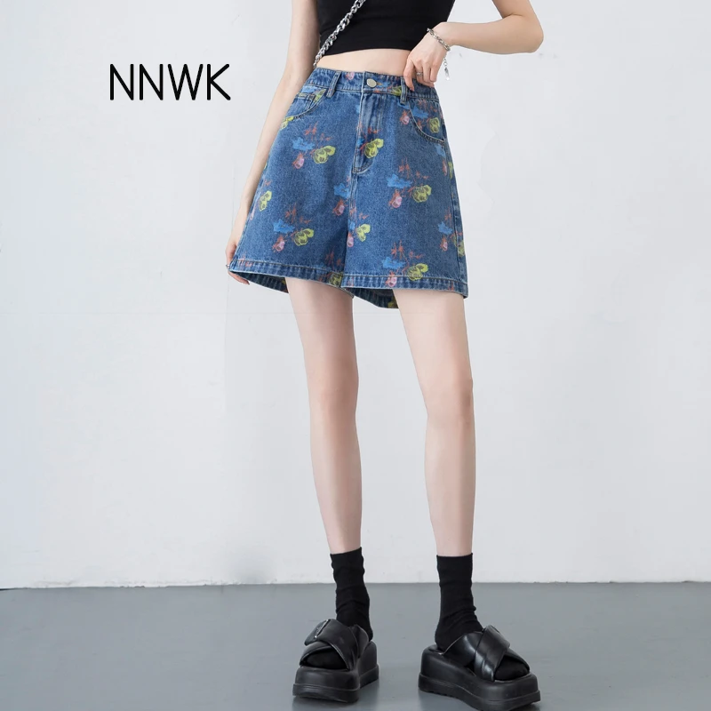 印花高腰牛仔短裤女2025夏天新款爆款阔腿aA字五分裤百搭休闲短裤