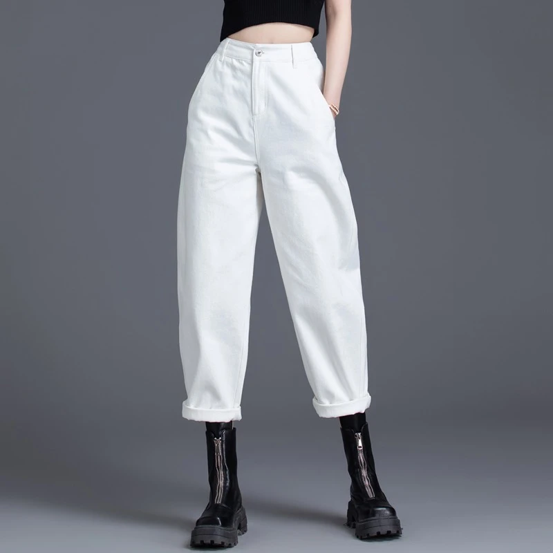 白色牛仔裤女春秋2026新款高腰牛仔香蕉裤老爹裤八九分显瘦哈伦裤