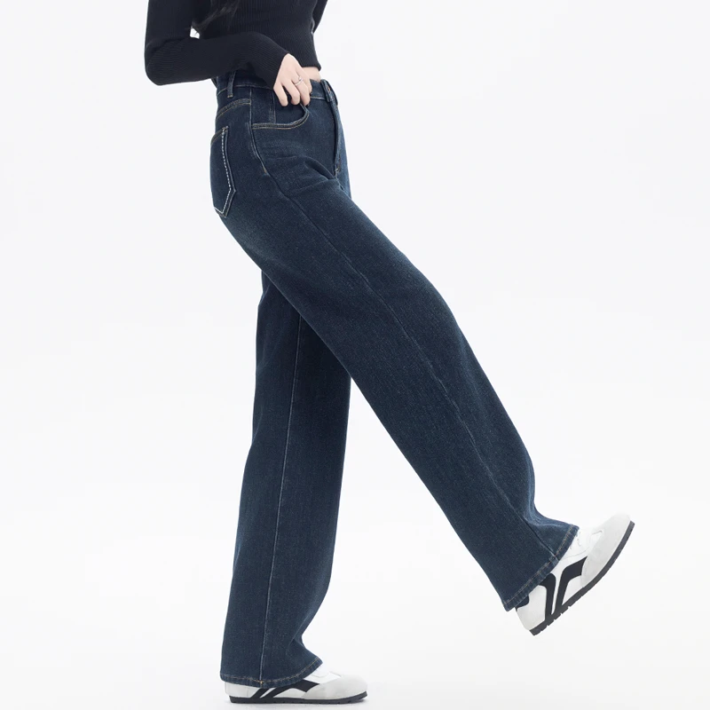 高腰窄版阔腿牛仔裤女2025新款秋冬加绒加厚直筒显瘦宽松拖地裤子