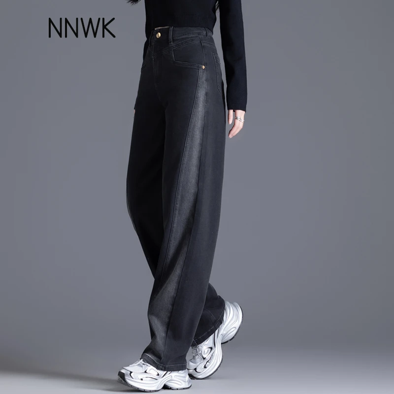 黑灰色高腰牛仔香蕉裤女2025新款撞色高腰直筒裤镰刀女裤阔腿裤子
