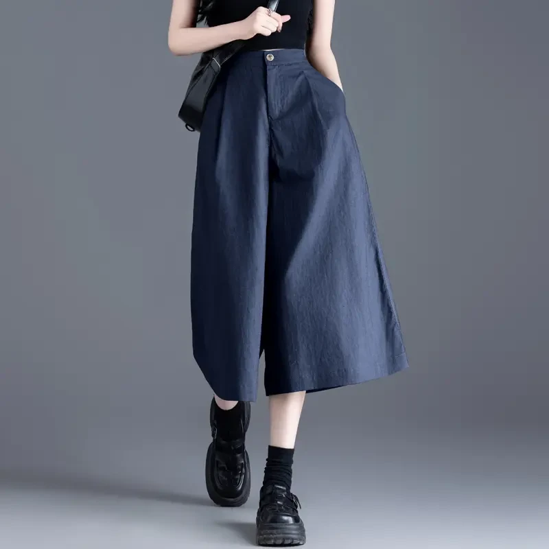 藏青色亚麻阔腿裤子女2026夏季薄款棉麻裙裤高级感休闲显瘦直筒裤