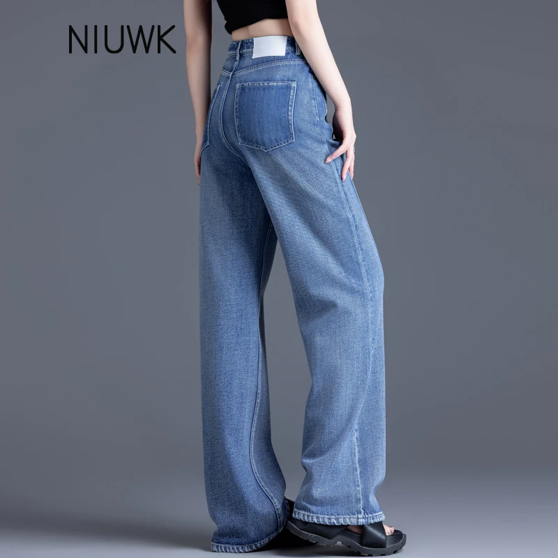 撞色牛仔裤女款爆款2025新款秋季高腰阔腿裤简约长裤窄版直筒裤子