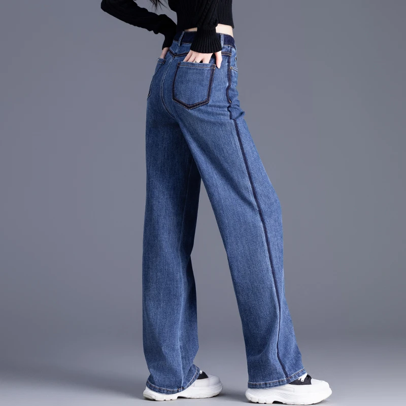 撞色牛仔裤女2025春秋季新款宽松直筒裤休闲长裤子女款窄版阔腿裤