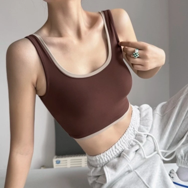 极简拼色运动女内置胸垫防震美背外穿收副乳健身bra紧身束腰背心