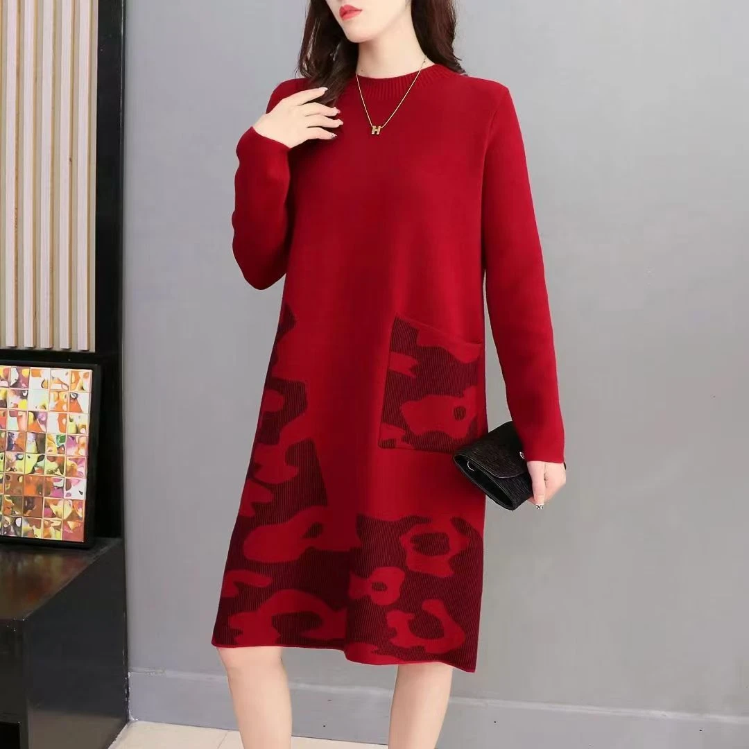 143-145号新款羊毛衫秋冬印花羊毛衣裙中长款时尚羊毛连衣裙
