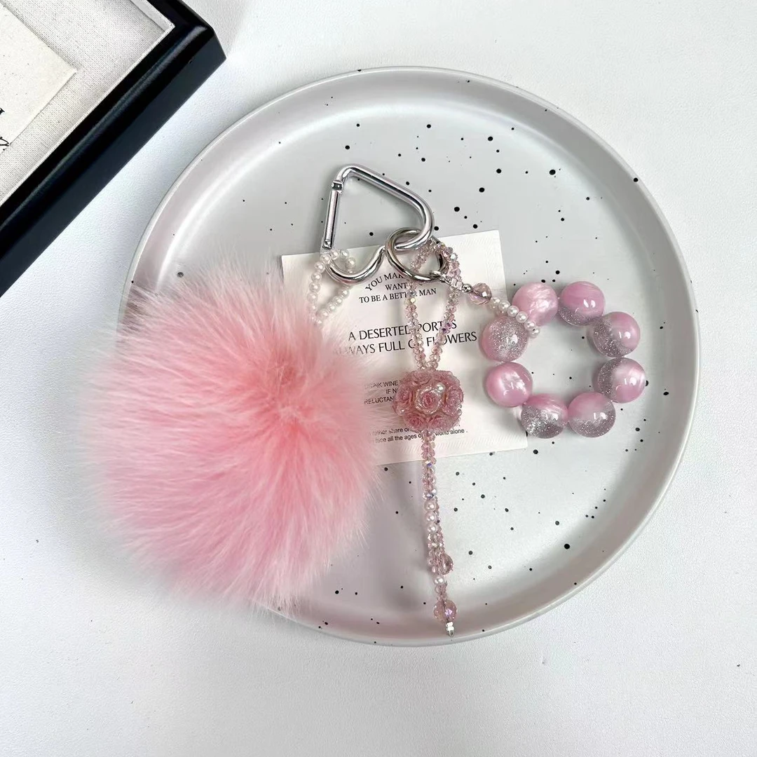 秋冬新款DIY手作Z9D-1082粉色毛球花球包挂手机链