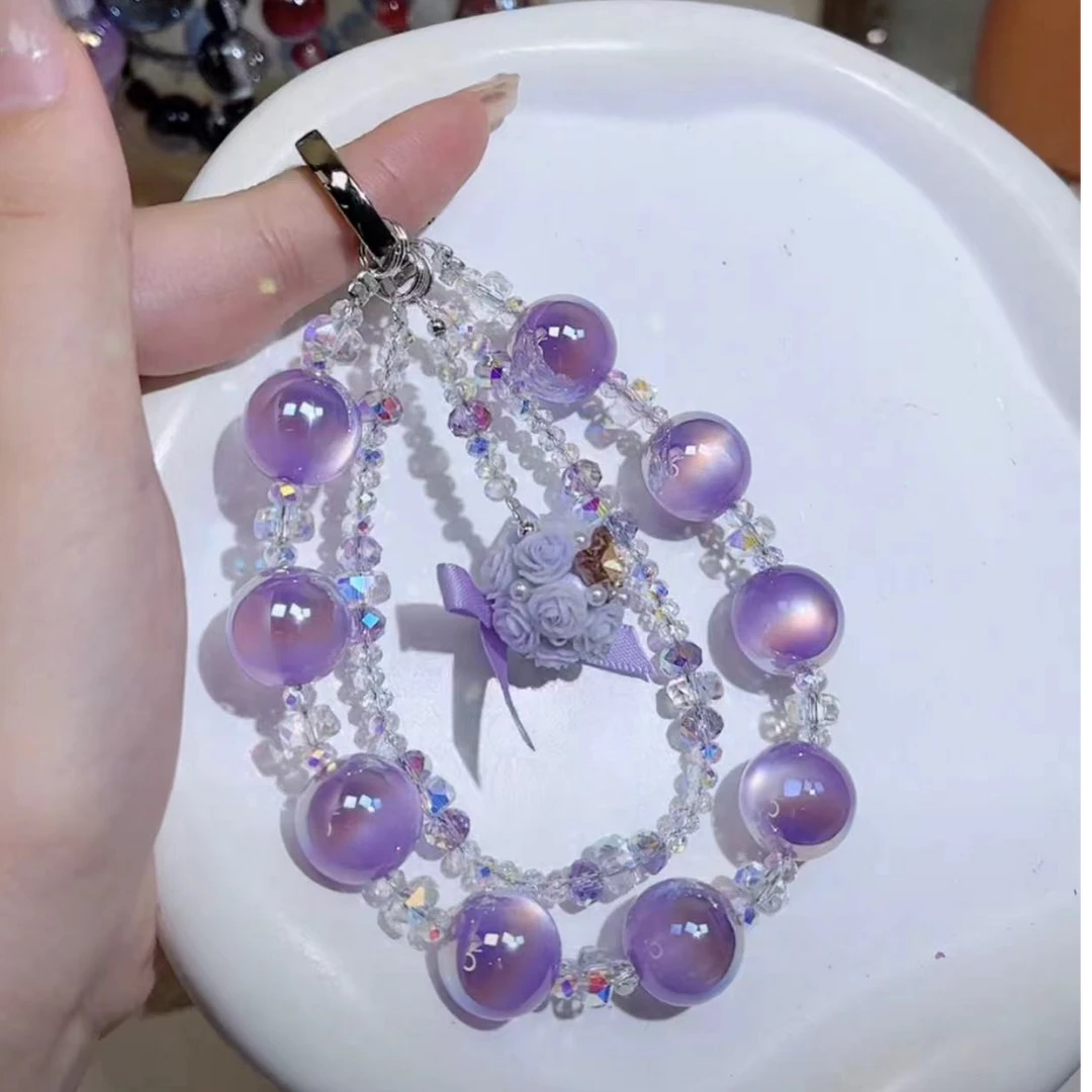 DIY手作新款紫色陶泥花球双链手机链  Z7A-035