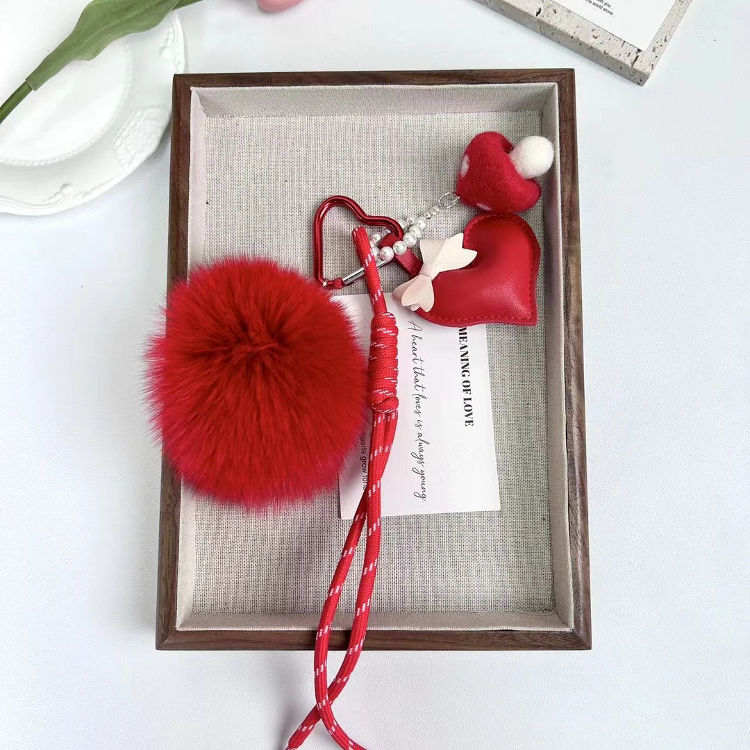 秋冬新款DIY手作新款Z9D-1021中国红毛毡蘑菇毛球手机链