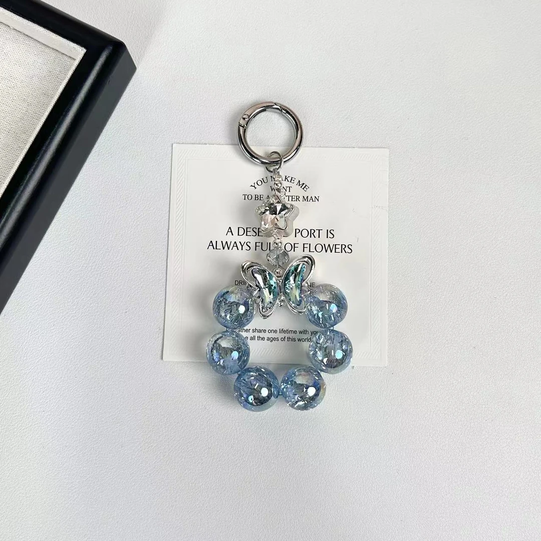 秋冬新款DIY手作Z9D-1071蓝色碎冰冰蝴蝶珠珠小吊手机链