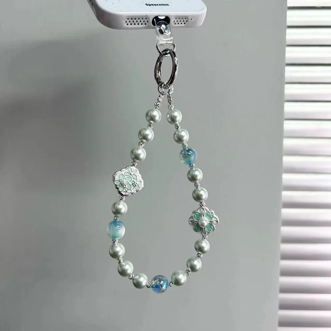 DIY手作新款Z9B-873薄荷奶绿花朵珠珠手机链