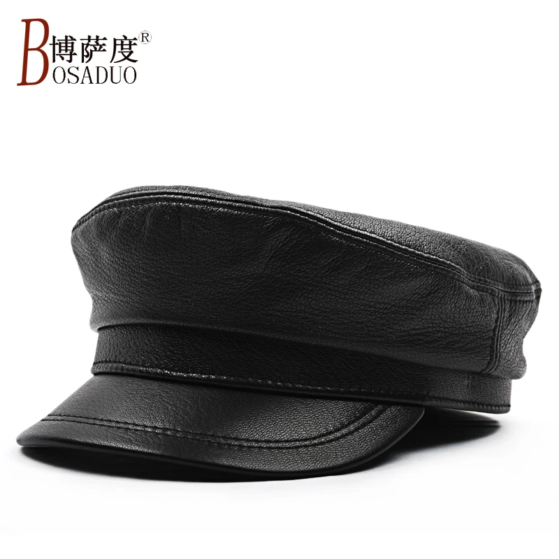 秋冬季薄款山羊皮平顶帽子男士真皮中老年人解放帽韩版机车帽保暖
