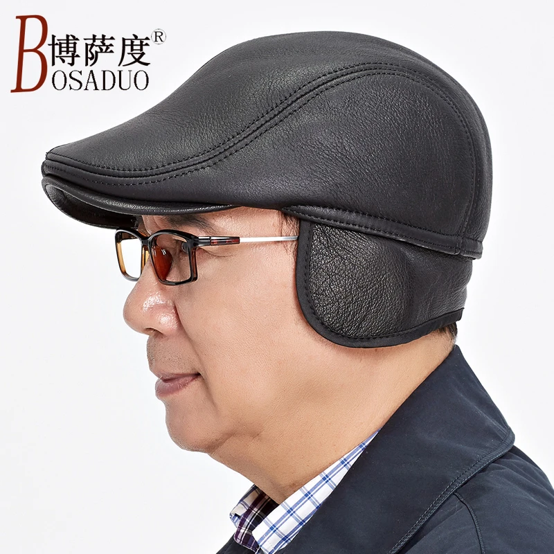 冬季帽子男士羊皮毛一体鸭舌帽中老年人真皮棉帽老人户外护耳帽厚