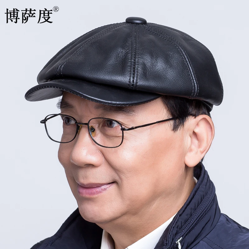 真皮帽子男士秋冬季牛皮八角帽休闲鸭舌帽薄款中老年男帽老人帽冬