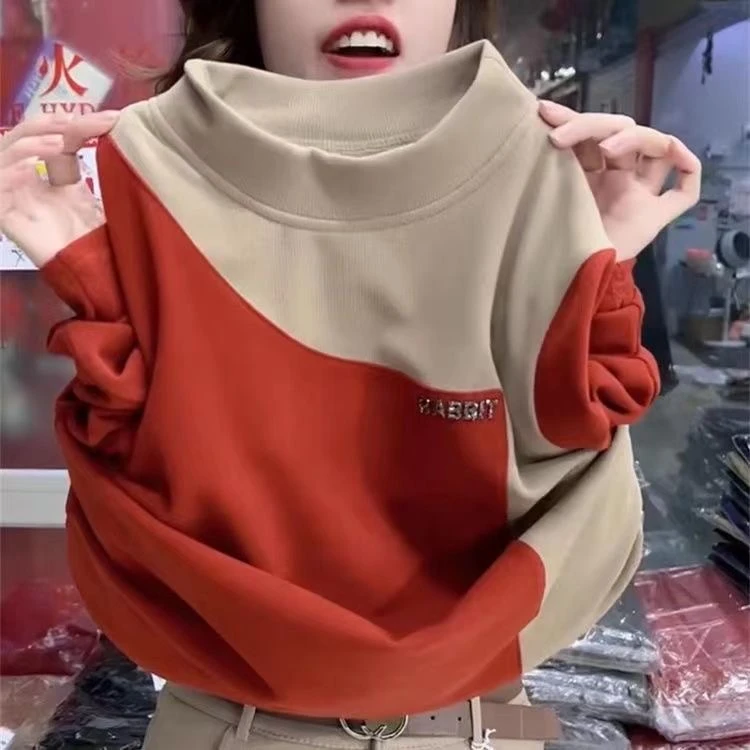 【现货】时尚双面绒保暖小衫撞色德绒半高领打底衫洋气长袖显瘦上衣