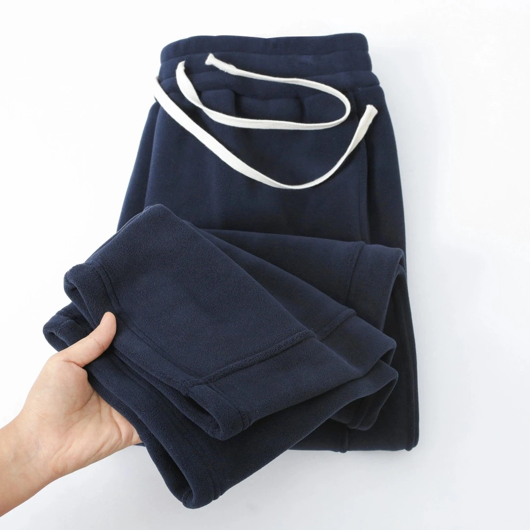 深蓝色重磅奥粒绒休闲加绒直筒卫裤男藏青藏蓝加厚保暖裤子女冬季