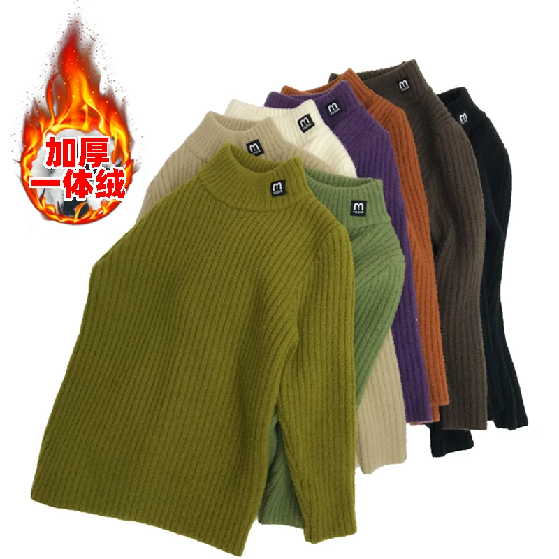 一体绒加厚男女同款童装圆领中大童儿童毛衣冬季新款加绒加厚针织