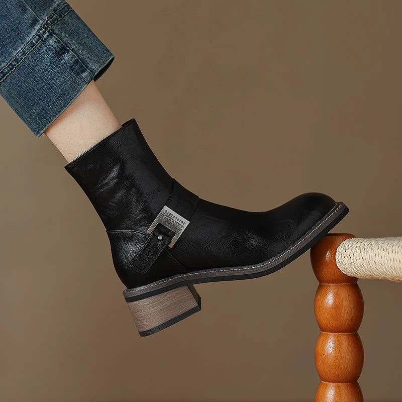 马丁靴中跟女短靴圆头粗跟侧拉链单靴英伦风复古休闲大码女靴4142