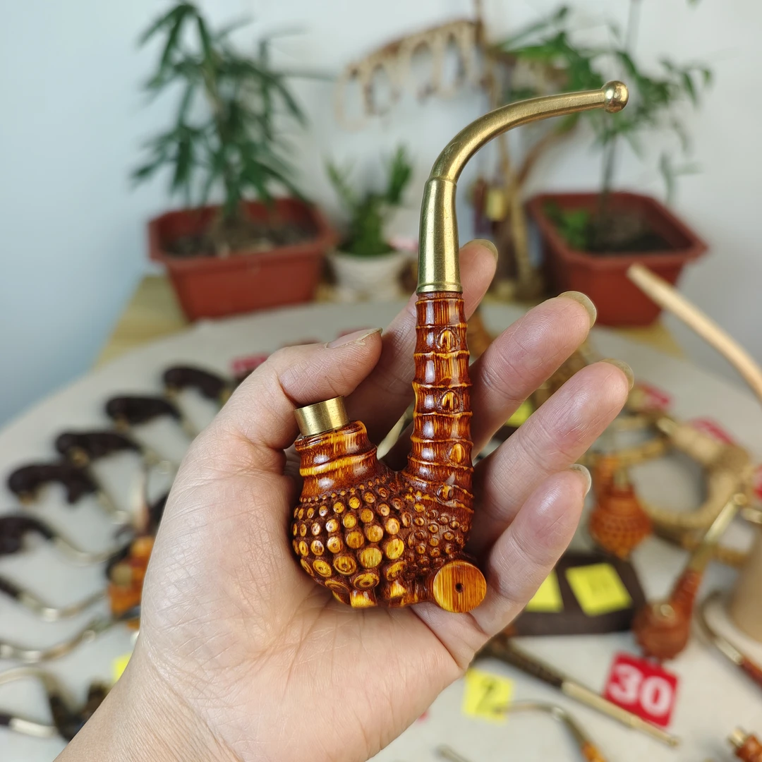 贵州民间烟斗实心竹雕刻红色新一体