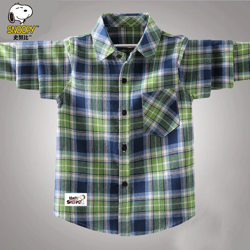史努比男童衬衫长袖春秋新2025款洋气中大童男孩纯棉格子衬衣外套