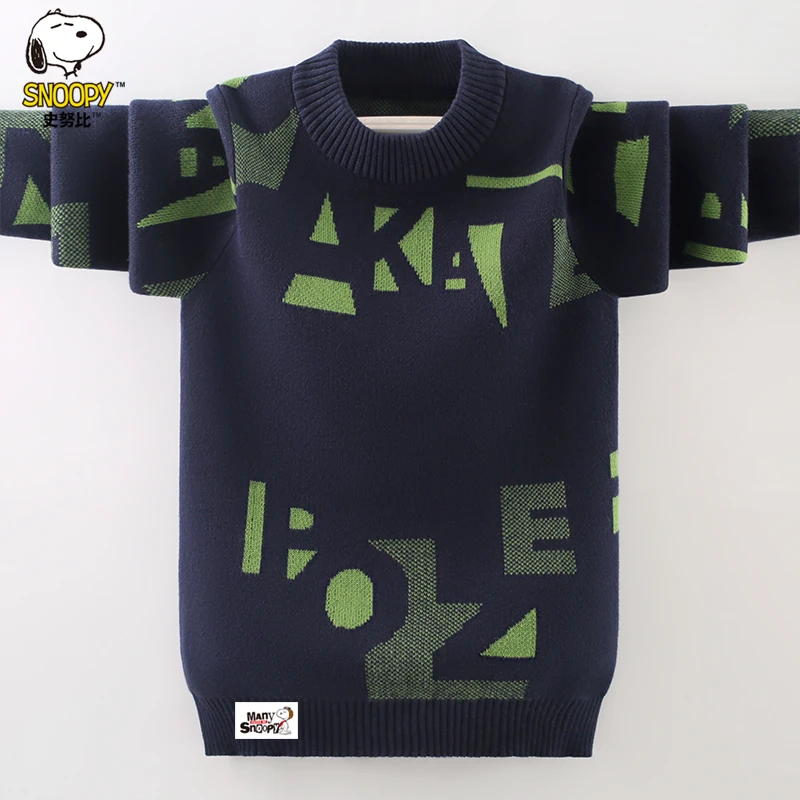 史努比男童毛衣套头秋冬款2025新款洋气中大童男孩加绒加厚针织衫