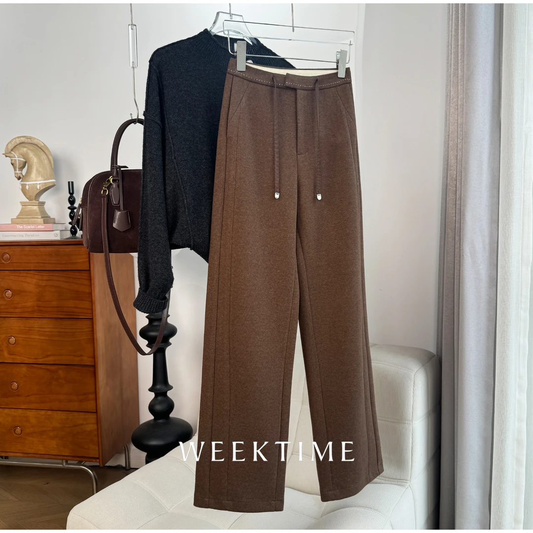 【浓情摩卡】重工拱针抽绳高端混纺面料窄版休闲微阔腿直筒裤2221