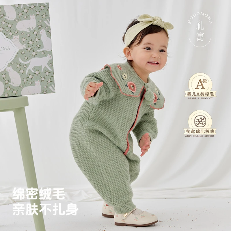 婴儿针织连体衣春秋女宝衣服花边翻领北极绒棉线毛衣爬服童装