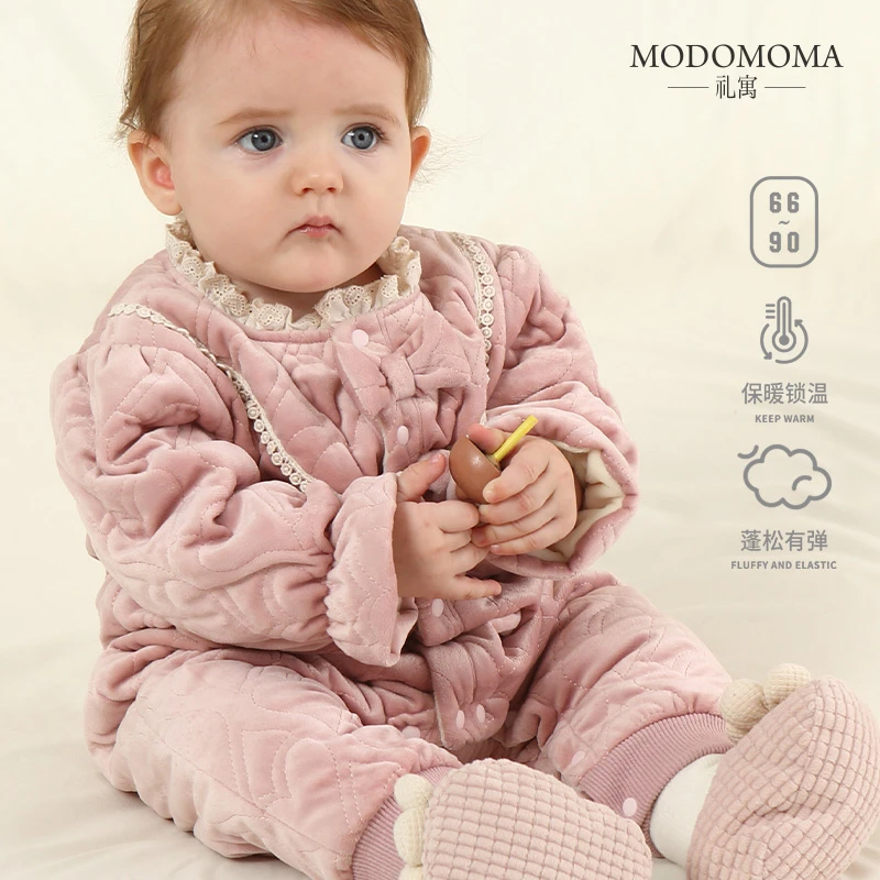modomoma新生婴儿衣服冬装公主女宝保暖夹棉连体衣洋气爱心爬服